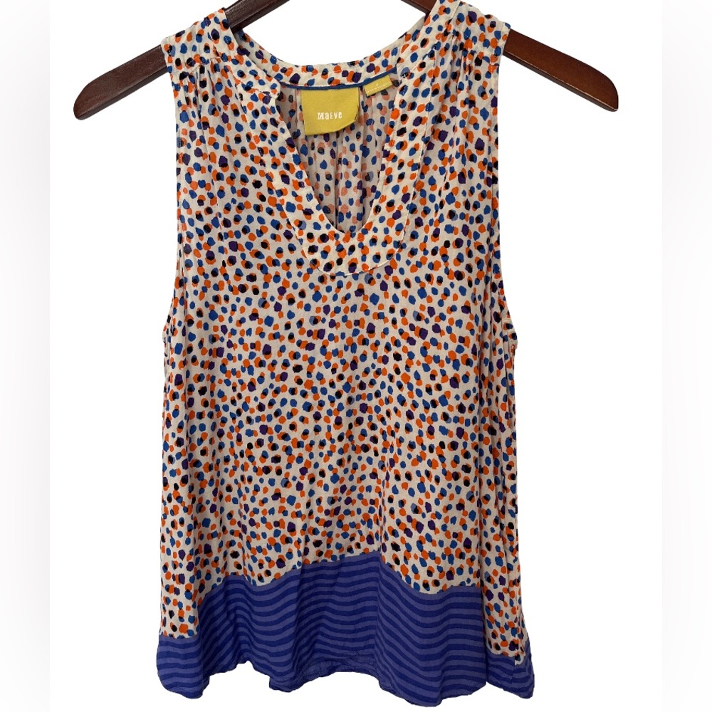 Maeve Anthropologie Women’s Size 8 Blue Orange Spotted Sleeveless V Neck Blouse